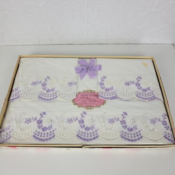 VTG Sheet Set Lilac Floral Embroidered Eyelet‎ Cotton Lady Orchid NEW Old Stock - Picture 12 of 16